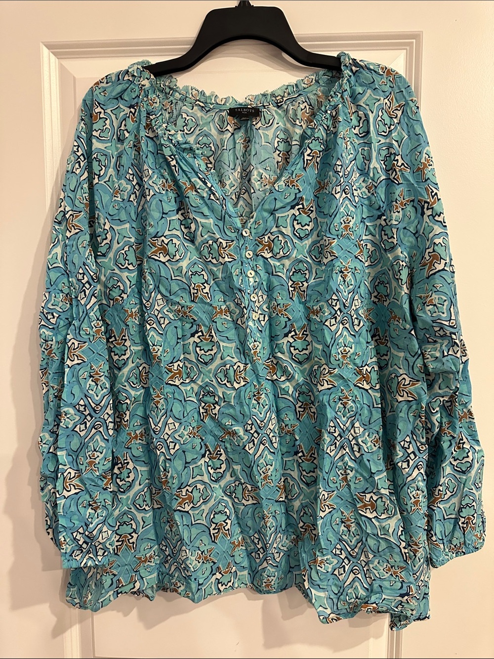 Talbots Aqua Printed Peasant Blouse